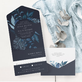 Winter Azure Blue Botanical Frame Wedding All In One Einladung