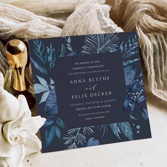 Winter Azure | Blue Square Botanical Frame Wedding Einladung (Von Creator hochgeladen)