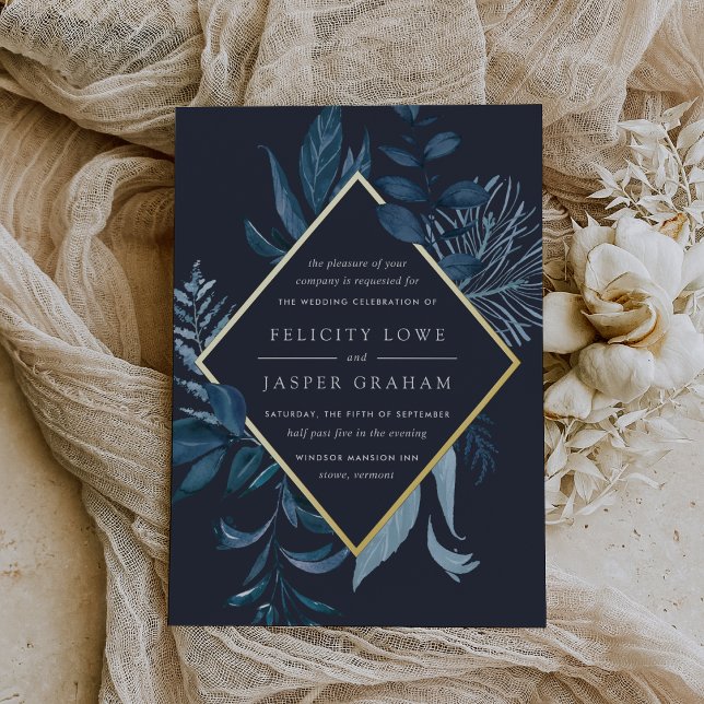 Winter Azure | Blue Watercolor Foliage Wedding Folieneinladung (Von Creator hochgeladen)