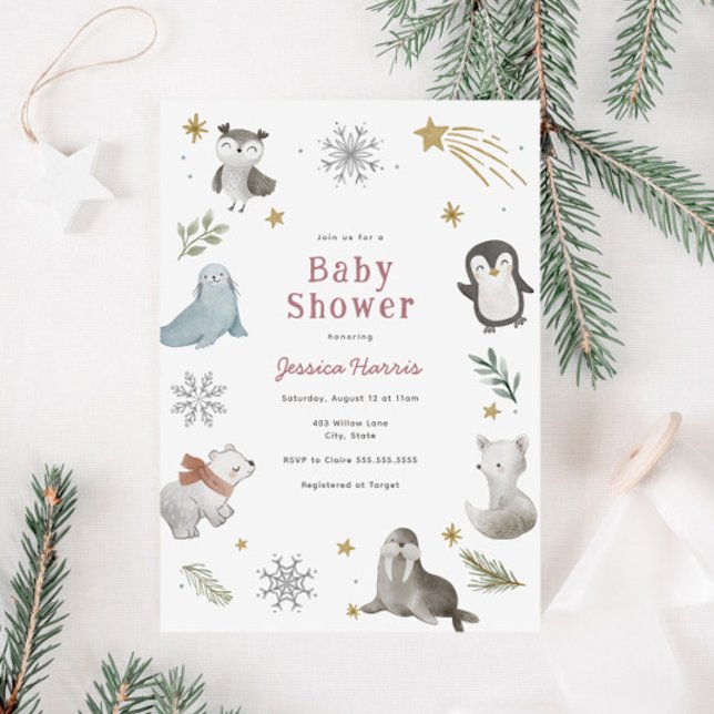 Winter Baby Animals Baby Girl Dusche Einladung (Von Creator hochgeladen)