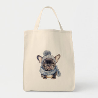 Winter Baby Bulldog in Blue Cap und Scarf Tragetasche