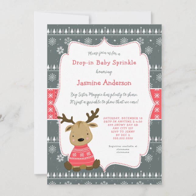 Winter Baby Deer Drop-in Baby Sprinkle Einladung (Vorderseite)
