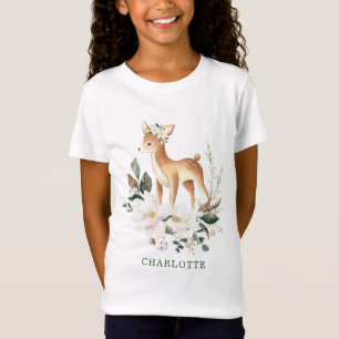 Winter Baby Deer Greenery White Floral Girls T-Shirt