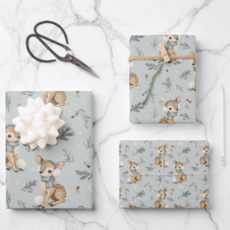 Winter Baby Deer with Earmuffs Snowflakes and Pine Geschenkpapier Set