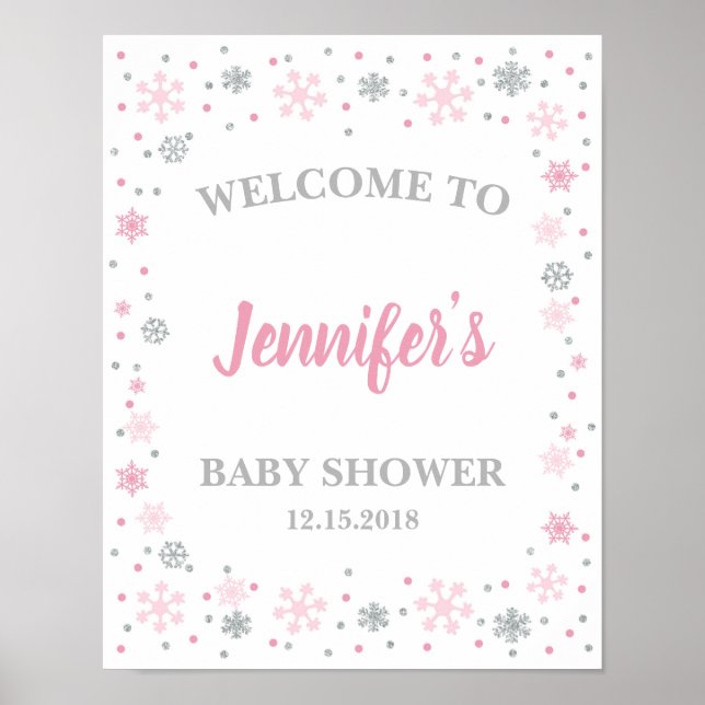 Winter Baby Dusche Begrüßungsschild Pink & Silver Poster (Vorne)