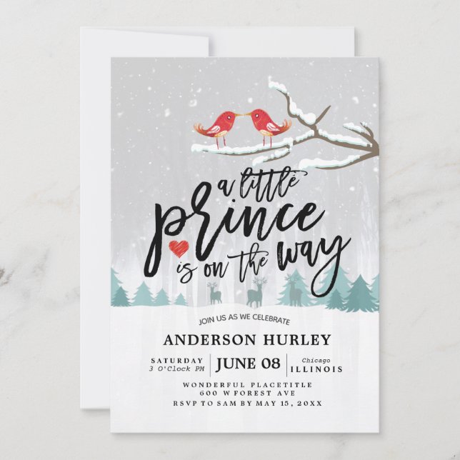 Winter Baby Dusche ein kleiner Prinz ist unterwegs Einladung (Vorderseite)