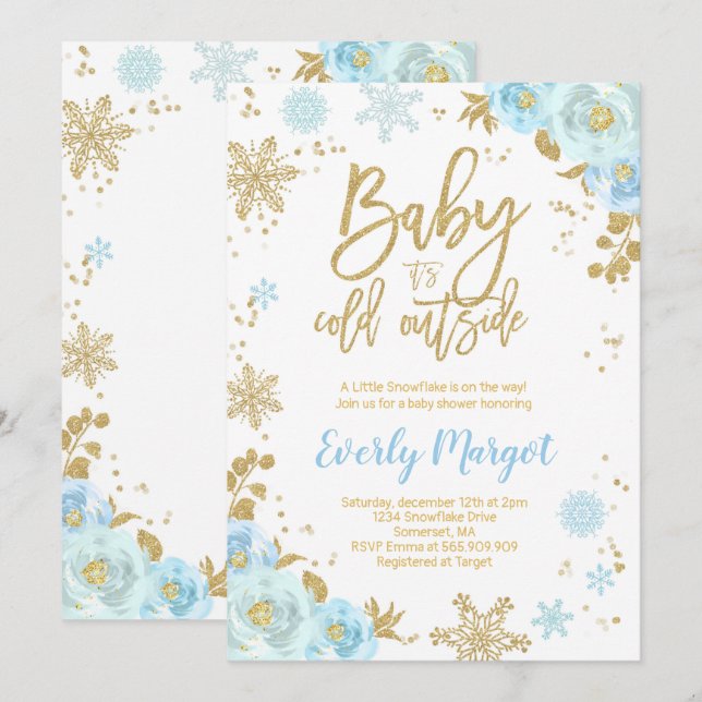 Winter Baby Dusche Einladung Blau und Gold (Vorne/Hinten)