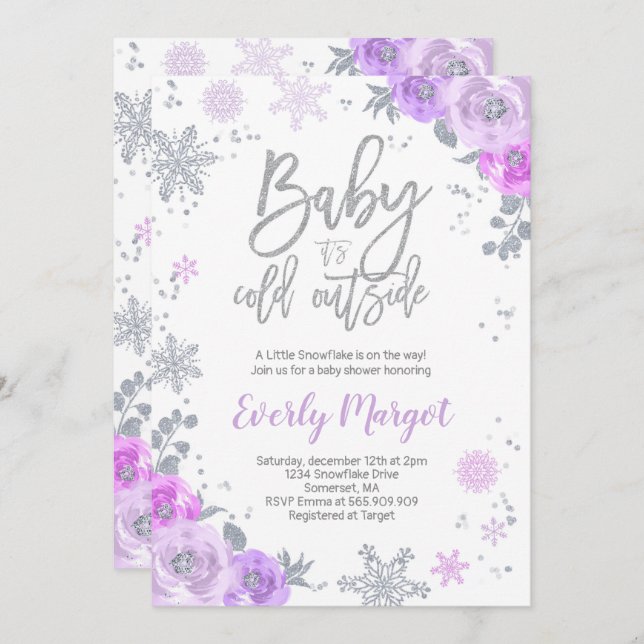 Winter Baby Dusche Einladung Lila und silber (Vorne/Hinten)