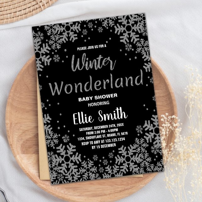 Winter Baby Dusche Einladungen Black Silver (Winter Baby Shower Invitations Black Silver)