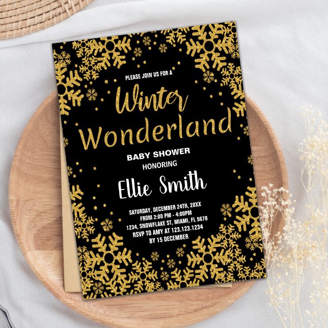 Winter Baby Dusche Einladungen Golden Black (Winter Baby Shower Invitations Golden Black)