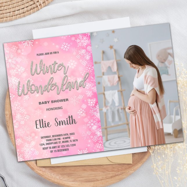 Winter Baby Dusche Einladungen Rosa Schnee Foto (Winter Baby Shower Invitations Pink Snow Photo)