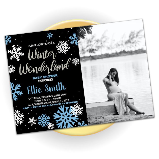Winter Baby Dusche Einladungen Schwarzes Foto (Winter Baby Shower Invitations Black Photo)