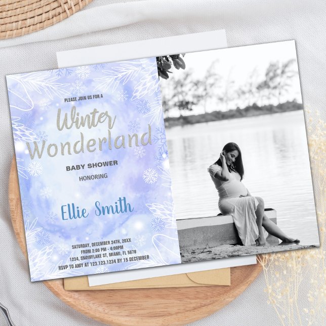 Winter Baby Dusche Einladungen Silber mit Foto (Winter Baby Shower Invitations Silver with photo)