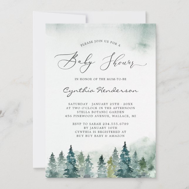 Winter Baby Dusche Eleganter Chic Forest Pine Tree Einladung (Vorderseite)