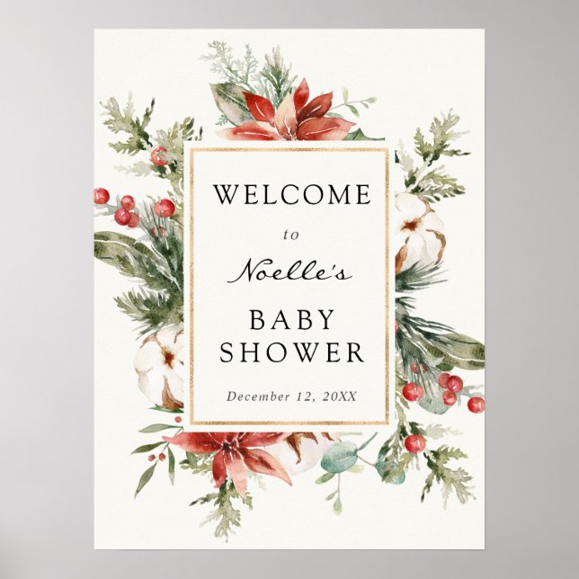 Winter Baby Dusche Evergreen Poinsettia Willkommen Poster (Vorne)