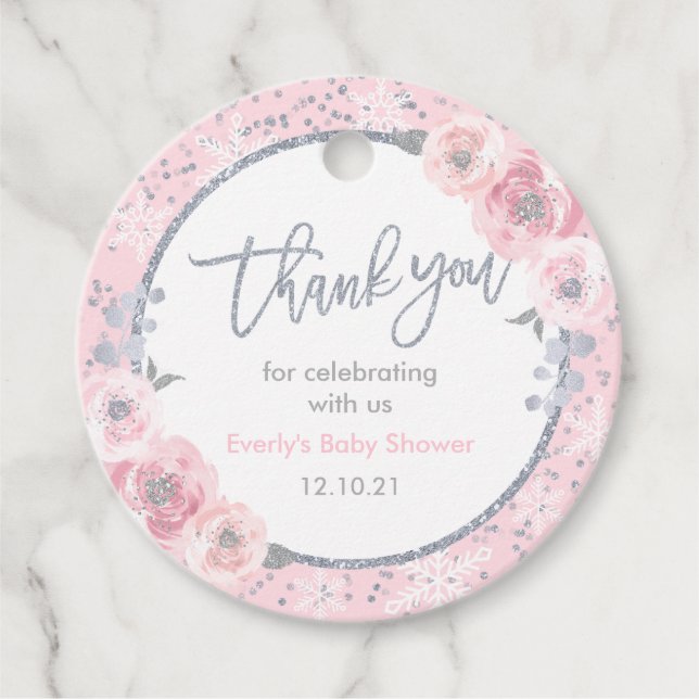 Winter Baby Dusche Pink & Silver Snowflake Dusche Geschenkanhänger (Vorderseite)