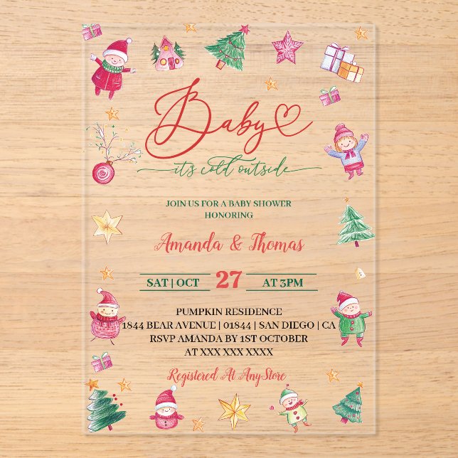 Winter Baby Es ist kalte Wasserfarben Babydusche Acryleinladungen (Vorderseite)