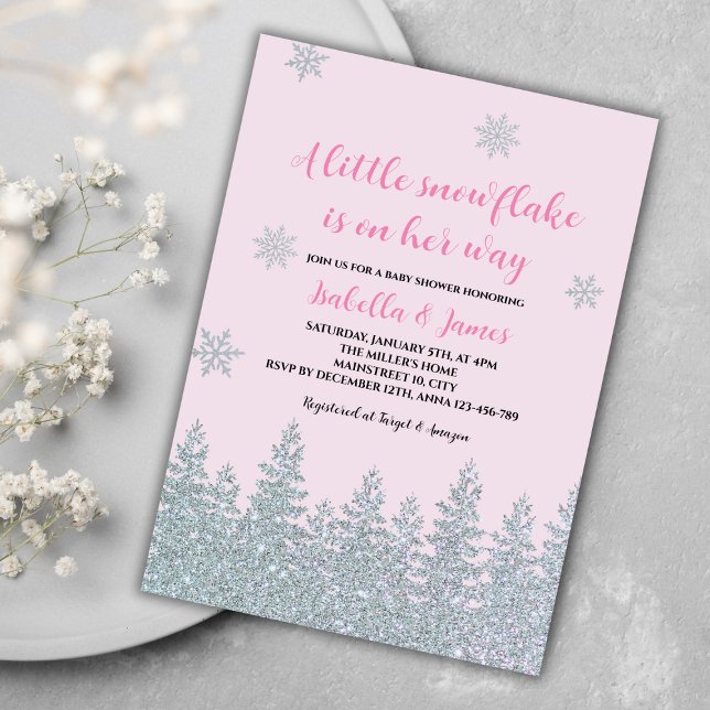 Winter Baby Girl Dusche Woodland Kleine Schneefloc Einladung (winter baby girl shower invitation pink woodland silver glitter little snowflake on the way)