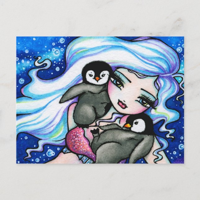 Winter Baby Penguins Mermaid Fantasy Art Postcard Postkarte (Vorderseite)