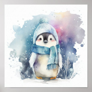 Winter-Baby-Pinguin-Aquarell-Kinderzimmer-Dekor-Dr Poster