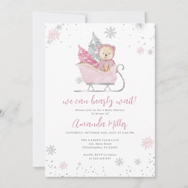 Winter Baby Shower Bear and Snow pink invite Save The Date (Vorderseite)