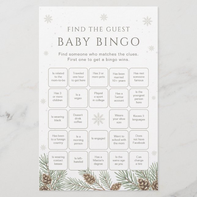 Winter Baby Shower Bingo Game Find the Guest Game (Vorderseite)
