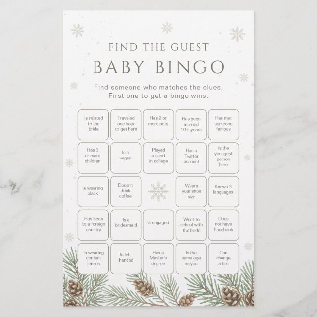 Winter Baby Shower Bingo Game Finden Sie den Gast (Vorderseite)