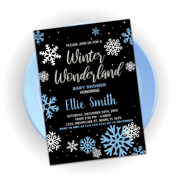 Winter Baby Shower Einladungen Blue Black (Winter Baby Shower Invitations Blue Black)
