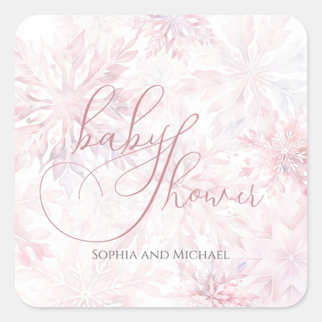 Winter Baby Shower Girl Pink Snowflake Quadratischer Aufkleber (Vorderseite)