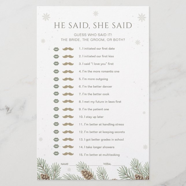 Winter Baby Shower He Said She Said Game (Vorderseite)
