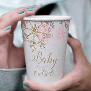 Winter-Baby-Shower Pink Gold Schneeflocken Pappbecher