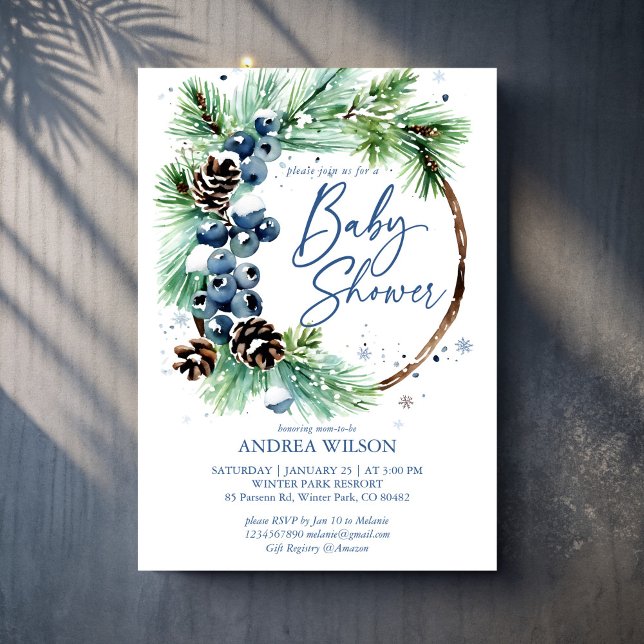 Winter baby shower snowy pines wreath dusty blue einladung (Winter baby shower snowy pines wreath dusty blue berries invitation cards template)