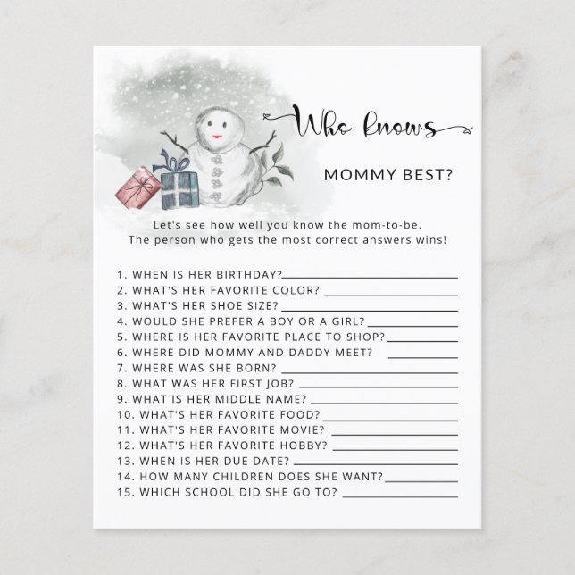 Winter Baby Shower Wer das beste Spiel der Mama ke (Vorderseite)