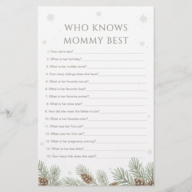 Winter Baby Shower Who Knows Mommy Best Game (Vorderseite)