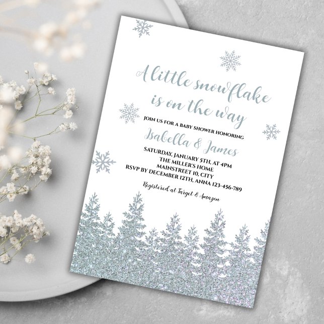 Winter Baby Shower Woodland Kleine Schneeflocke Einladung (winter baby shower invitation gender neutral woodland silver glitter little snowflake on the way)