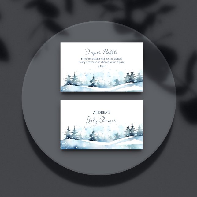 Winter-Babydusche-Windel-Gewinnspiel Begleitkarte (Winter baby shower diaper raffle enclosure card snowy pines pastel Scandinavian  blues raffle card)