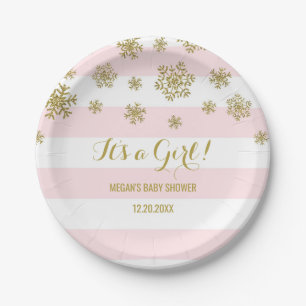 Winter-Babyparty-Platten-Rosa Stripes Goldschnee Pappteller