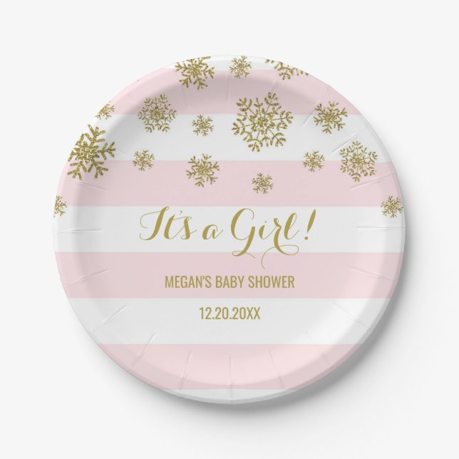 Winter-Babyparty-Platten-Rosa Stripes Goldschnee Pappteller (Vorderseite)