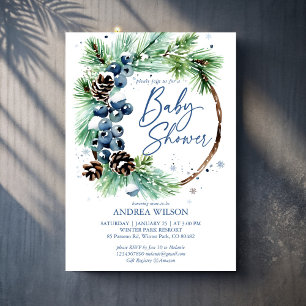 Winter-Babyshower-Tanne-Kranz staubblau Einladung