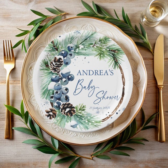 Winter-Babyshower-Tannen-Kranz monogrammiert Pappteller (Winter baby shower pines wreath monogrammed paper plates personalized table decor printed plates)