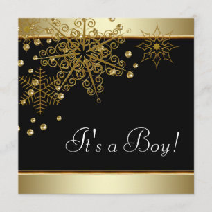 Winter Back and Gold Snowflakes Baby Boy Dusche Einladung