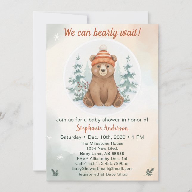 Winter-Bär-Babyshower Wald Neutral Einladung (Vorderseite)