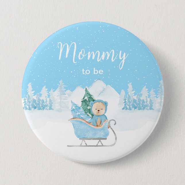 Winter Bär Blau Schlitten werdende Mutti Button (Vorderseite)