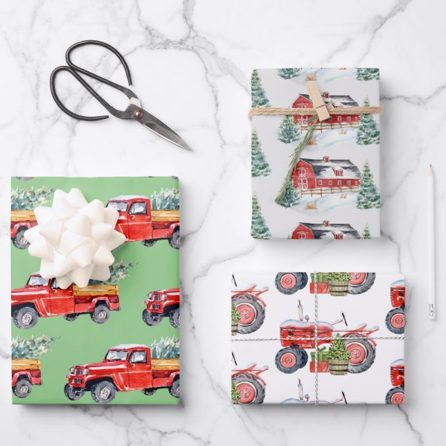 Winter-Barnbahn & LKW Trio Geschenkpapier Set (Vorderseite)