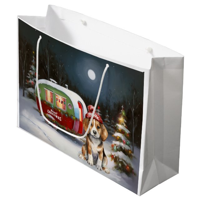 Winter Beagle Karawan Weihnachtsabenteuer Große Geschenktüte (Vorderseite Schrägansicht)