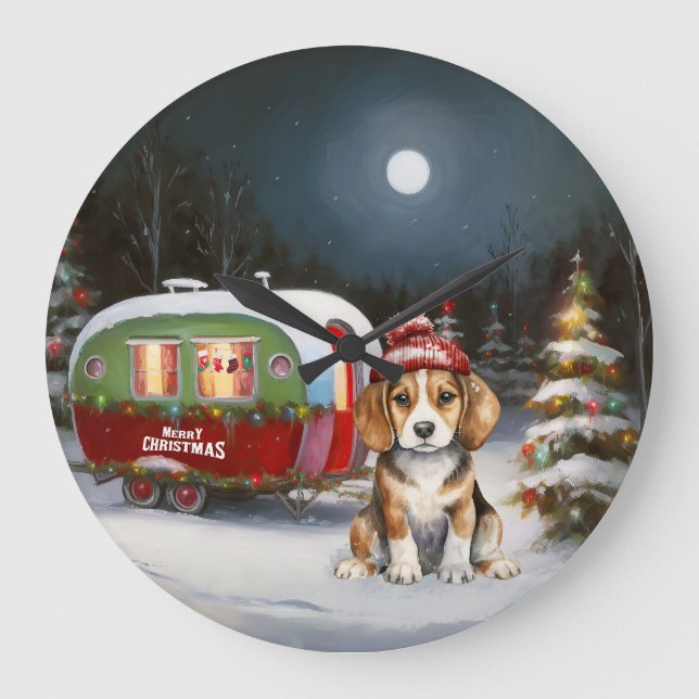 Winter Beagle Karawan Weihnachtsabenteuer Große Wanduhr (Vorderseite)