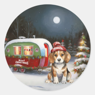 Winter-Beagle-Wohnwagen-Weihnachtsabenteuer Runder Aufkleber