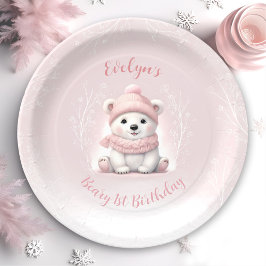 Winter Bear 1. Geburtstag Niedlich Pink Polar Bear Pappteller