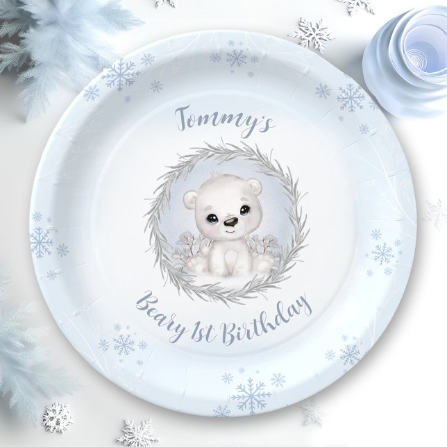 Winter Bear 1. Geburtstag Niedlicher Blauer Polar  Pappteller (Winter Beary 1st Birthday Cute Blue Polar Bear Paper Plates)
