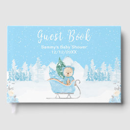 Winter Bear Blue Sleigh Baby Dusche Gästebuch
